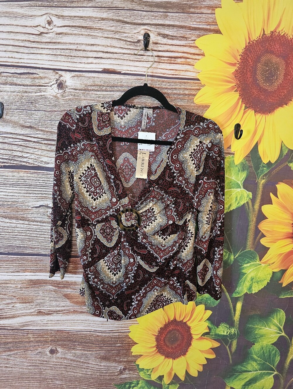 Susan Lawrence Burgundy and Cream Paisley Wrap Top with Buckle